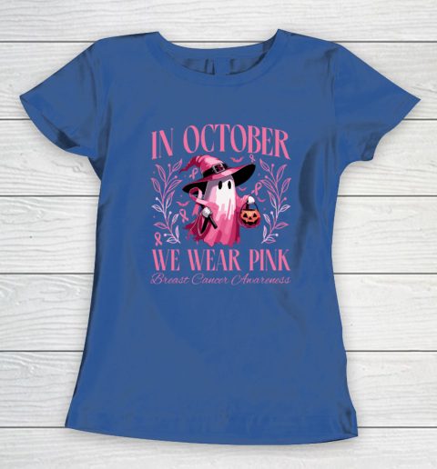 In October We Wear Pink Witch Ghost Pumpkin Breast Cancer Women's T-Shirt 6