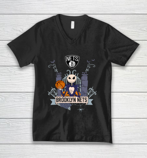 NBA Brooklyn Nets Basketball Jack Skellington Halloween V-Neck T-Shirt