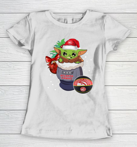 Atlanta Hawks Christmas Baby Yoda Star Wars Funny Happy NBA Women's T-Shirt 3