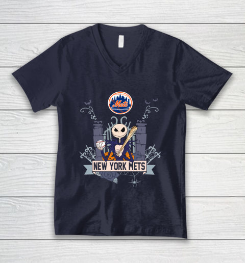 MLB New York Mets Baseball Jack Skellington Halloween V-Neck T-Shirt 2