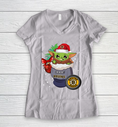 Boston Bruins Christmas Baby Yoda Star Wars Funny Happy NHL Women's V-Neck T-Shirt 2