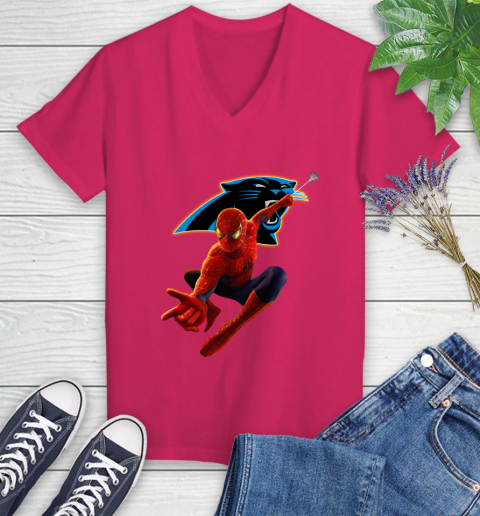 NFL Spider Man Avengers Endgame Football Carolina Panthers Women's V-Neck T-Shirt 9