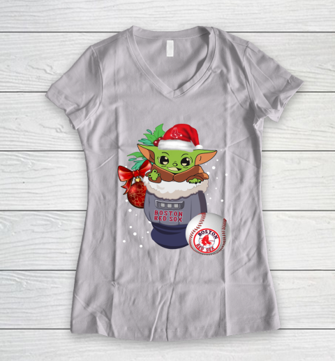 Boston Red Sox Christmas Baby Yoda Star Wars Funny Happy MLB Women's V-Neck T-Shirt 2