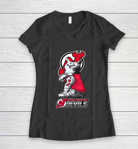 NHL My Cat Loves New Jersey Devils Hockey Women's V-Neck T-Shirt 6