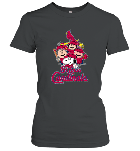 St.Louis Cardinals Snoopy Charlie Brown Woodstock The Peanuts gb2k stlouis cardinals snoopy charlie brown woodstock the peanuts ladies t shirt 20 front black