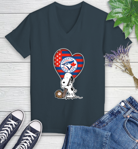 Toronto Blue Jays MLB Baseball The Peanuts Movie Adorable Snoopy Women's V-Neck T-Shirt 8