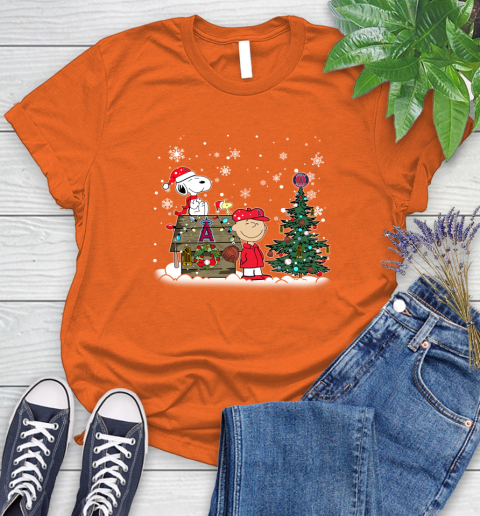 MLB Los Angeles Angels Snoopy Charlie Brown Christmas Baseball Commissioner's Trophy Women's T-Shirt 3