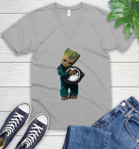 NHL Groot Guardians Of The Galaxy Hockey Sports Edmonton Oilers V-Neck T-Shirt 4
