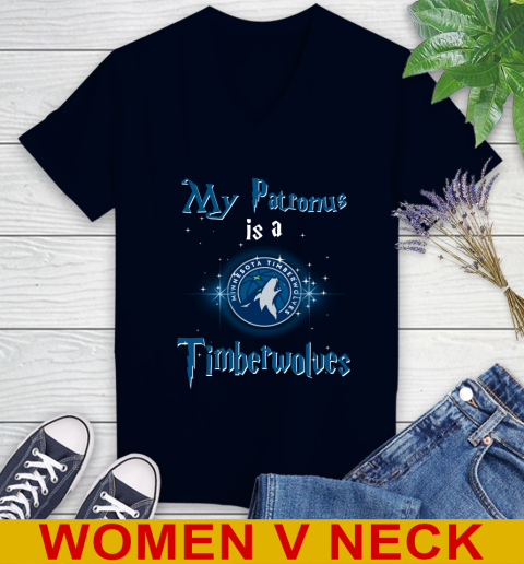 NBA Basketball Harry Potter My Patronus Is A Minnesota Timberwolves Women's V-Neck T-Shirt 2