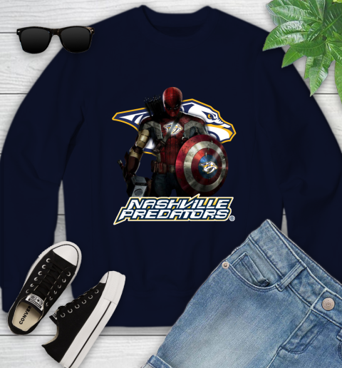 NHL Captain America Thor Spider Man Hawkeye Avengers Endgame Hockey Nashville Predators Youth Sweatshirt 3