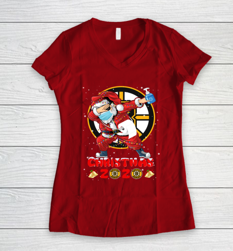 Boston Bruins Funny Santa Claus Dabbing Christmas 2020 NHL Women's V-Neck T-Shirt 8