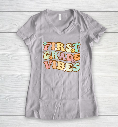 Back To School First Grade Vibes Retro Teacher Women's V-Neck T-Shirt