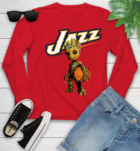 Utah Jazz NBA Basketball Groot Marvel Guardians Of The Galaxy Youth Long Sleeve 11