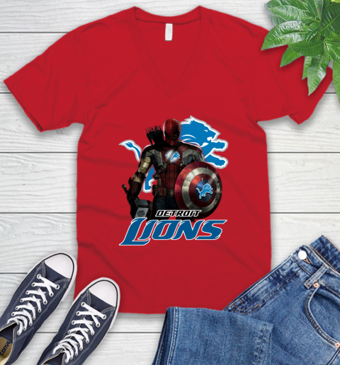 NFL Captain America Thor Spider Man Hawkeye Avengers Endgame Football Detroit Lions V-Neck T-Shirt 7