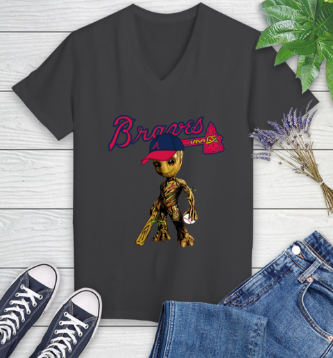 MLB Atlanta Braves Groot Guardians Of The Galaxy Baseball Women's V-Neck T-Shirt 8