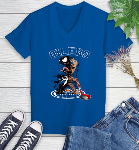NHL Edmonton Oilers Hockey Venom Groot Guardians Of The Galaxy Women's V-Neck T-Shirt 10