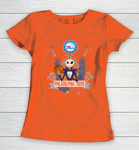 NBA Philadelphia 76ers Basketball Jack Skellington Halloween Women's T-Shirt 3