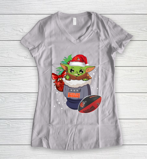 Cleveland Browns Christmas Baby Yoda Star Wars Funny Happy NFL Women's V-Neck T-Shirt 2