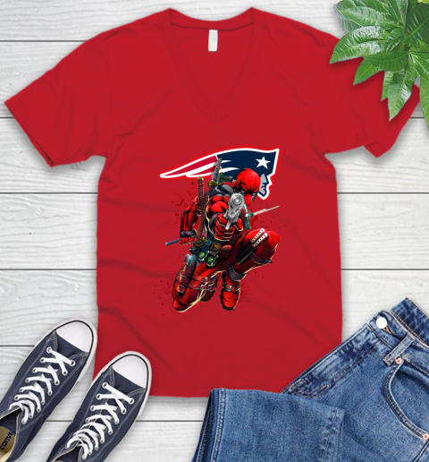 NFL Deadpool Marvel Comics Sports Football New England Patriots V-Neck T-Shirt 7