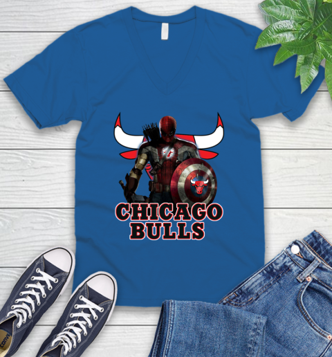 Chicago Bulls NBA Basketball Captain America Thor Spider Man Hawkeye Avengers V-Neck T-Shirt 6