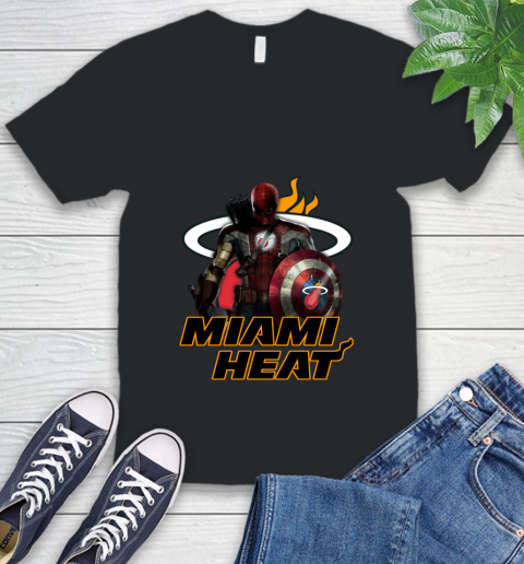 Miami Heat NBA Basketball Captain America Thor Spider Man Hawkeye Avengers V-Neck T-Shirt 2