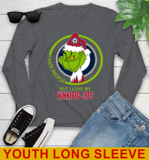 Winnipeg Jets NHL Christmas Grinch I Hate People But I Love My Favorite Hockey Team Youth Long Sleeve 9