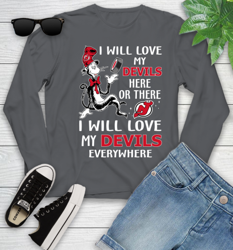 NHL Hockey New Jersey Devils I Will Love My Devils Everywhere Dr Seuss Shirt Youth Long Sleeve 8