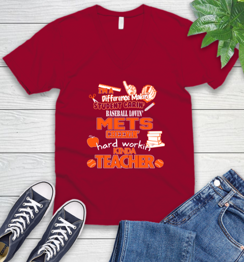 New York Mets MLB I'm A Difference Making Student Caring Baseball Loving Kinda Teacher V-Neck T-Shirt 7