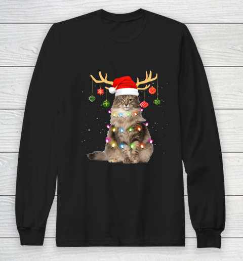 Reindeer Norwegian Forest Cat Santa Hat Christmas Light Xmas Long Sleeve T-Shirt