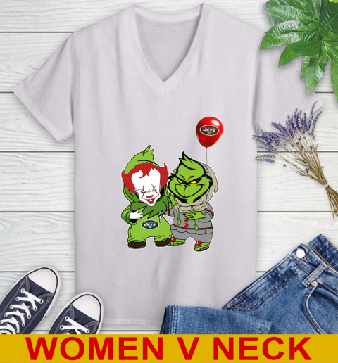 New York Jets Baby Pennywise Grinch Christmas NFL Football Women's V-Neck T-Shirt