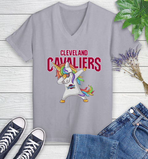 Cleveland Cavaliers NBA Basketball Funny Unicorn Dabbing Sports Women's V-Neck T-Shirt 4