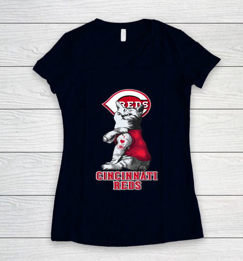 MLB Baseball My Cat Loves Cincinnati Reds Women's V-Neck T-Shirt 2