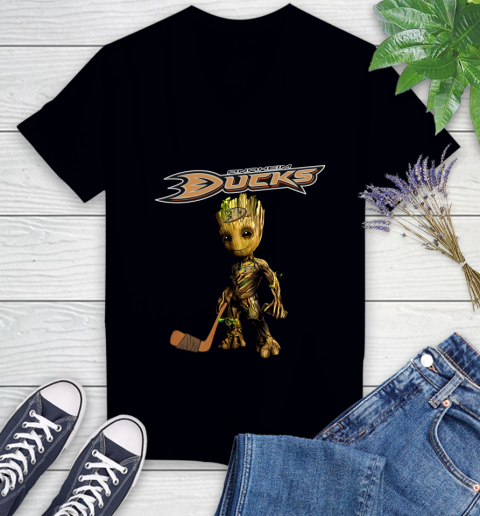 Anaheim Ducks NHL Hockey Groot Marvel Guardians Of The Galaxy Women's V-Neck T-Shirt 2