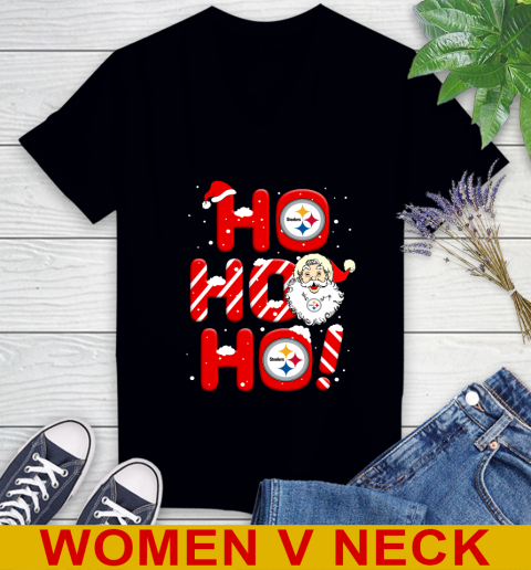 Pittsburgh Steelers NFL Football Ho Ho Ho Santa Claus Merry Christmas Shirt Women's V-Neck T-Shirt