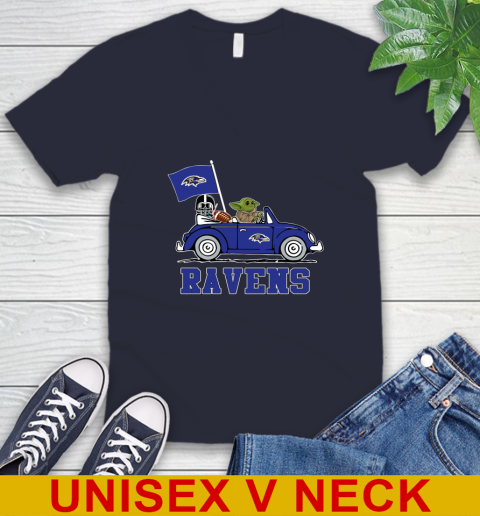 NFL Football Baltimore Ravens Darth Vader Baby Yoda Driving Star Wars Shirt V-Neck T-Shirt 3