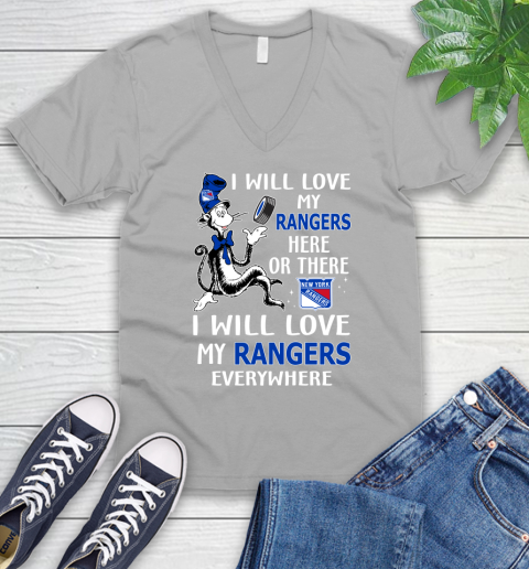 NHL Hockey New York Rangers I Will Love My Rangers Everywhere Dr Seuss Shirt V-Neck T-Shirt 3