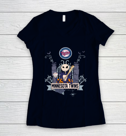 MLB Minnesota Twins Baseball Jack Skellington Halloween Women's V-Neck T-Shirt 2