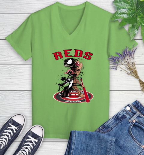 MLB Cincinnati Reds Baseball Venom Groot Guardians Of The Galaxy Women's V-Neck T-Shirt 11