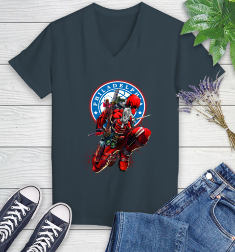 NBA Deadpool Marvel Comics Sports Basketball Philadelphia 76ers Women's V-Neck T-Shirt 8