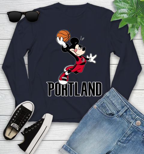 NBA Basketball Portland Trail Blazers Cheerful Mickey Mouse Shirt Youth Long Sleeve 3
