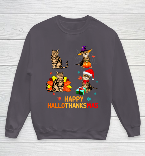 Cat Halloween Thanksgiving Christmas Happy Hallothanksmas Youth Sweatshirt 5