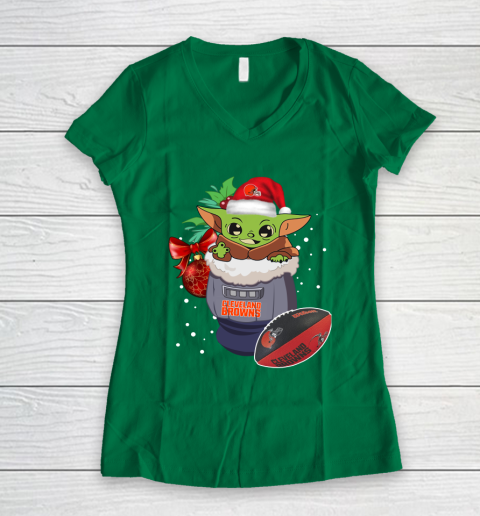 Cleveland Browns Christmas Baby Yoda Star Wars Funny Happy NFL Women's V-Neck T-Shirt 5