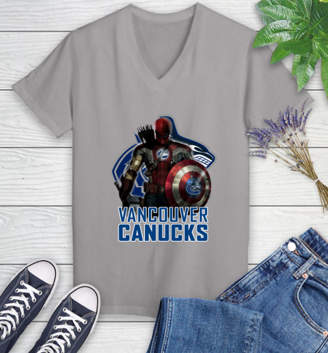 NHL Captain America Thor Spider Man Hawkeye Avengers Endgame Hockey Vancouver Canucks Women's V-Neck T-Shirt 4