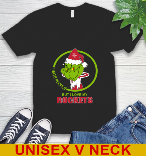 Houston Rockets NBA Christmas Grinch I Hate People But I Love My Favorite Basketball Team V-Neck T-Shirt 2