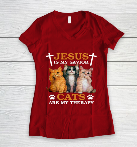 Jesus is My Savior Cat are My Therapy Christians Cat Lover Women's V-Neck T-Shirt 8
