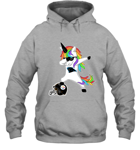 kdim football dabbing unicorn steps on helmet carolina panthers hoodie 23 front sport grey