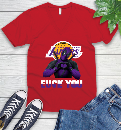 NBA Los Angeles Lakers Deadpool Love You Fuck You Basketball V-Neck T-Shirt 6