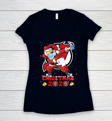 New Jersey Devils Funny Santa Claus Dabbing Christmas 2020 NHL Women's V-Neck T-Shirt 2
