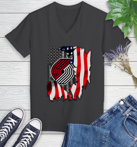 Portland Trail Blazers NBA Basketball American Flag Women's V-Neck T-Shirt 8