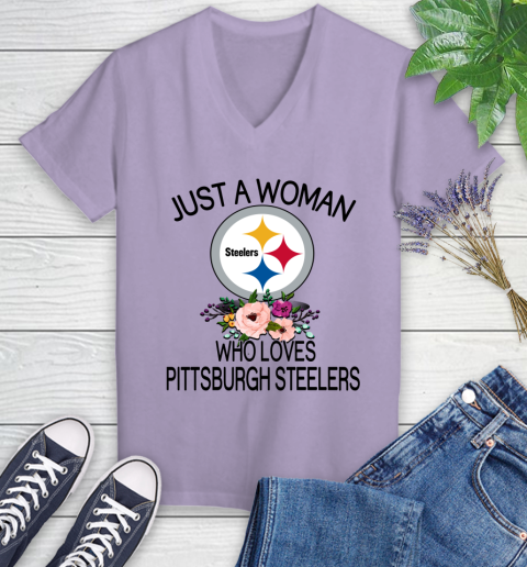 NFL Just A Woman Who Loves Pittsburgh Steelers Football Sports Women's V-Neck T-Shirt 9